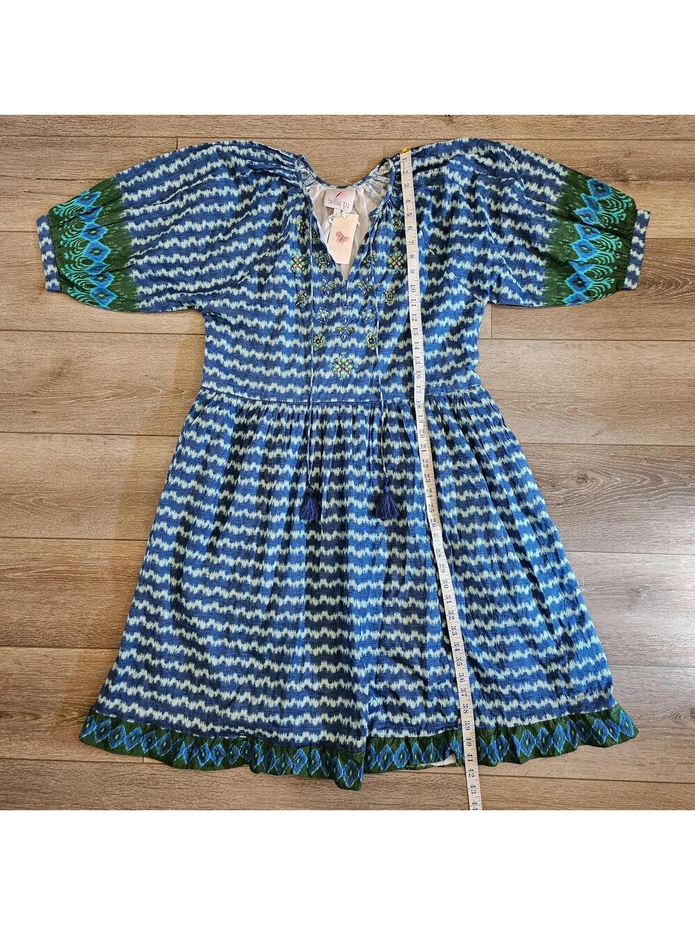 Bella Tu Womens Kaftan Dress Blue Ikat V-Neck 3/4 Sleeve Emblemished Size L NWT - Picture 3 of 9